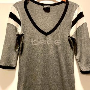 BeBe 3/4 sleeve cotton shirt. Gray with rhinestone logo